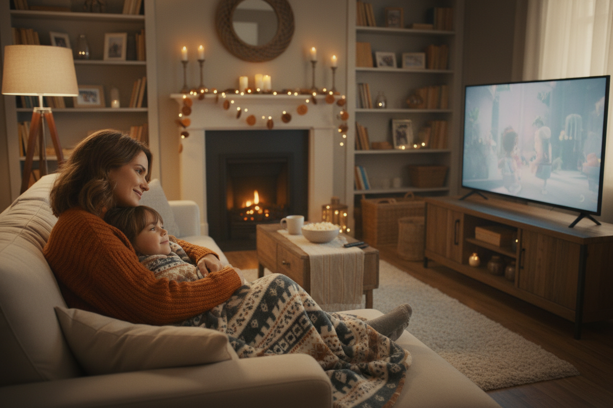 Mom and child watching a movie